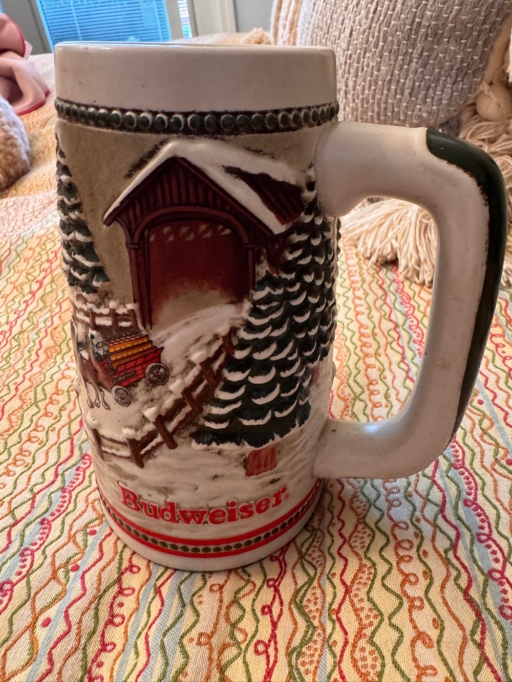 1984 Budweiser Beer Stein Holiday Clydesdales As They Crossed Covered Bridge